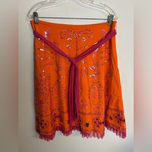 Cadi and Blue Vtg Midi Embroidered beaded Skirt Sz 10 Orange Sequins boho gitsy